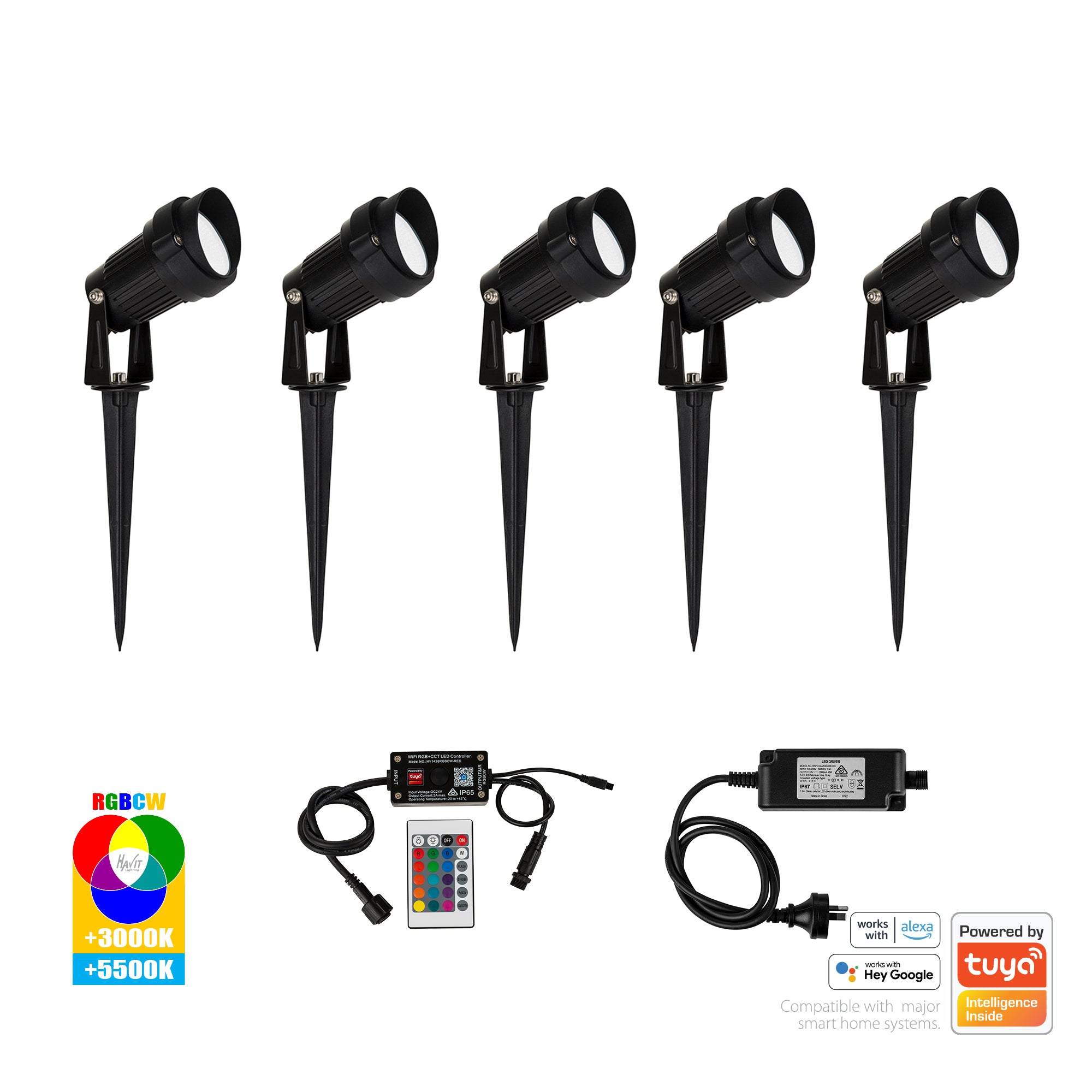 HV1428RGBCW-KIT - Spitze Black 5x 3w WIFI RGBCW LED Garden Spike Light Kit