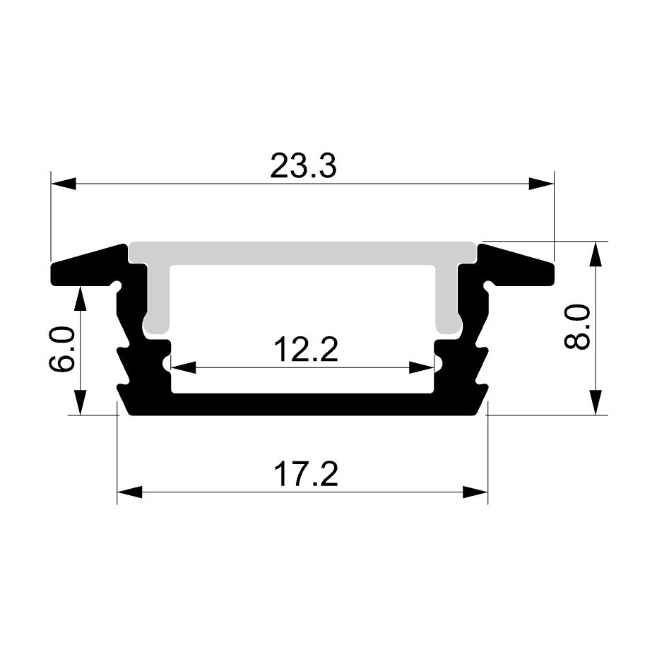 HV9699-2308-2M - Shallow Square Winged Aluminium Profile 2m Length