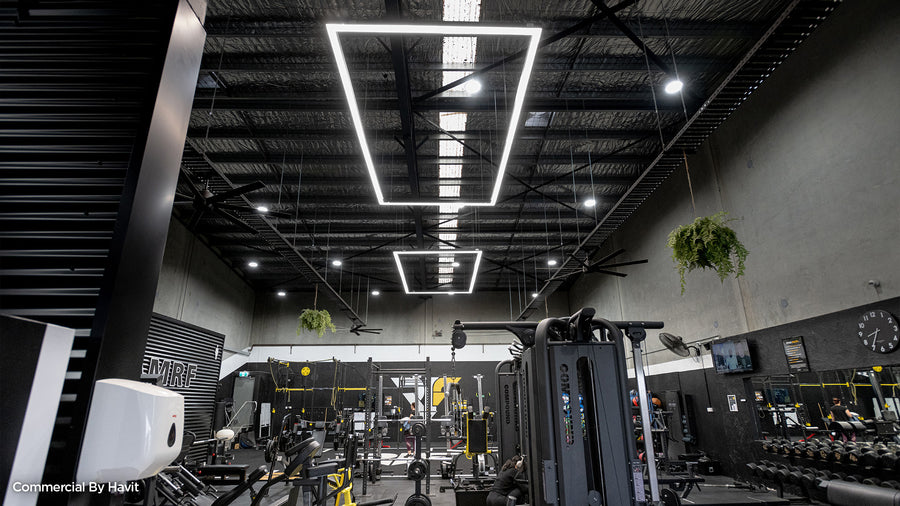 Havit Rectangle Linear Profile Pendant Lights Hanging in a Commercial Gym