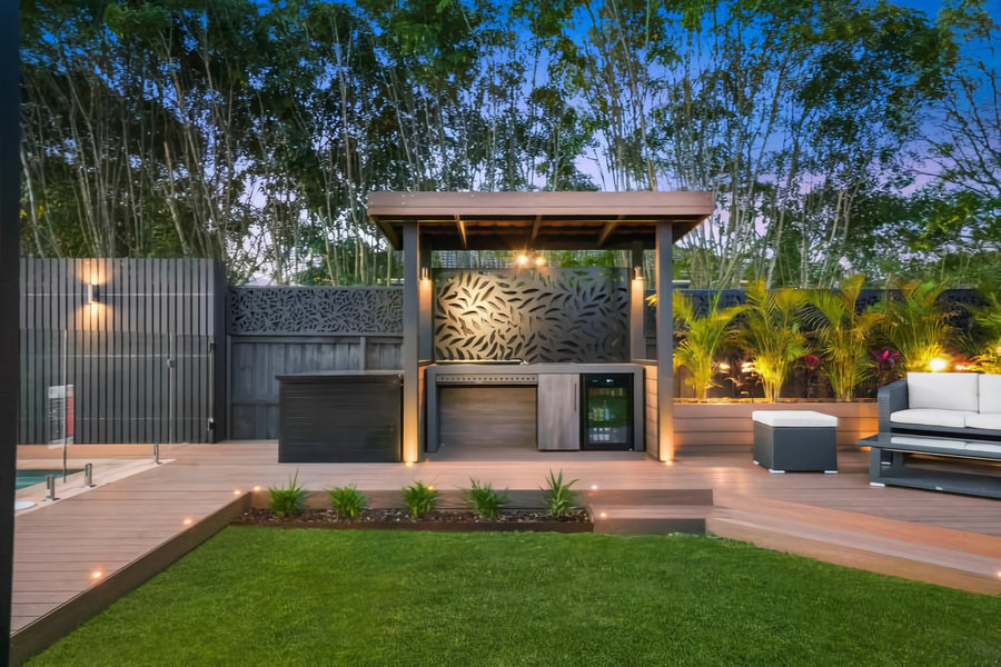Havit Tivah Up Down Wall Lights and Inground Deck Lights Lighting a Backyard Entertaining Area
