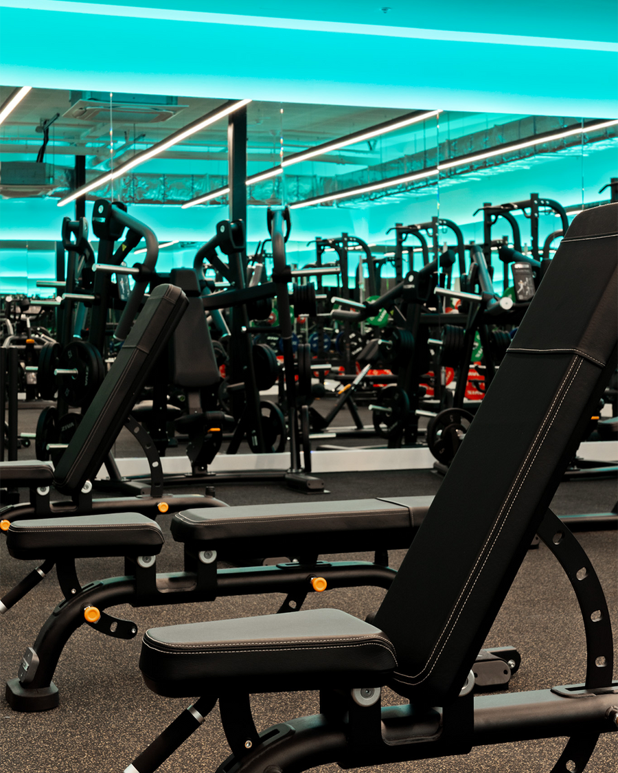 Commercial Gym Weight Room with Teal LED Cove Lighting & Linear Pendant Lights