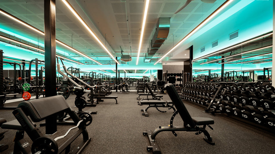 Large Scale Commercial Gym with Teal LED Cove Lighting