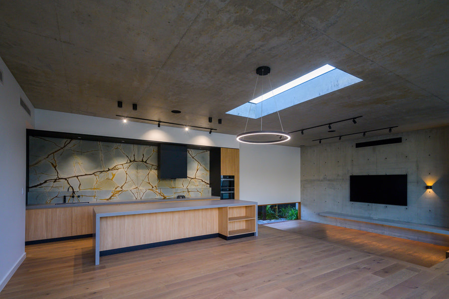 Modern Kitchen & Living with Ring Pendant, Track Lighting & Wall Lights
