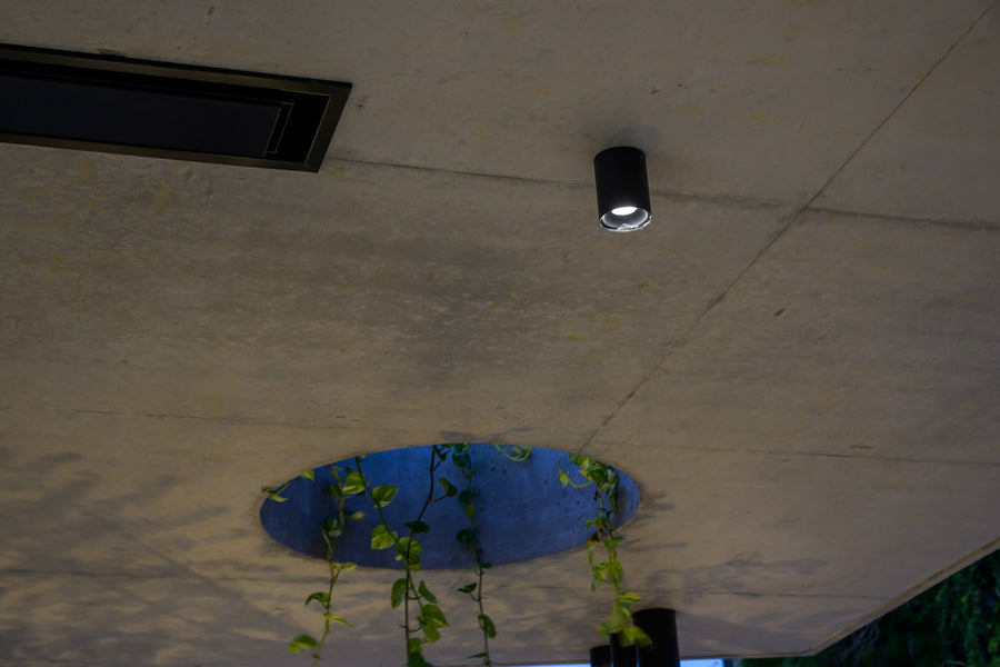 Havit Nella Black Surface Downlight on an Exposed Concrete Ceiling