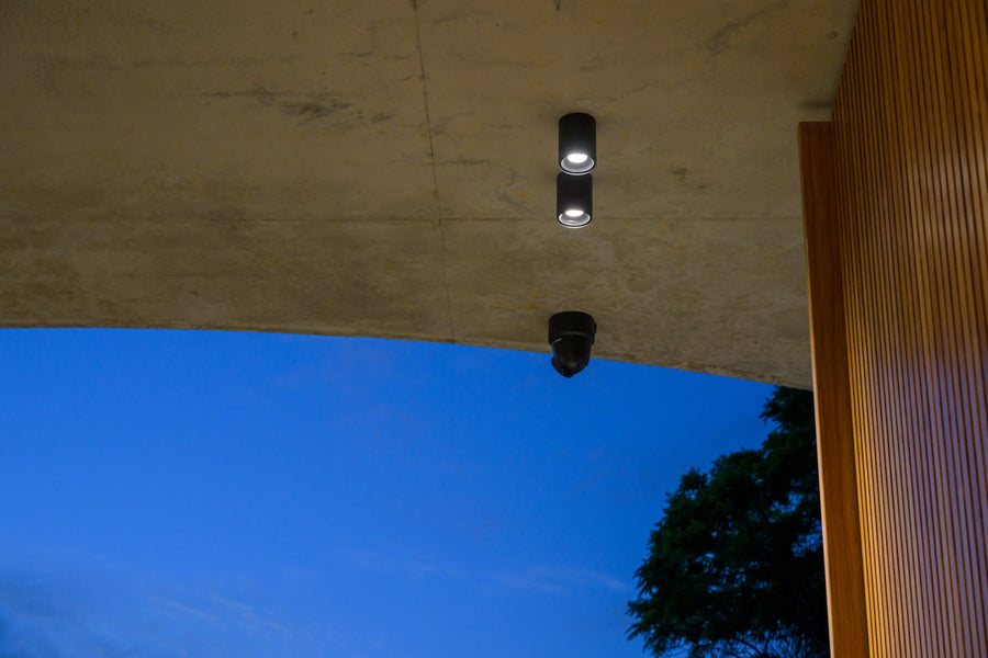 Havit Nella Black Double Surface Downlights on an Outdoor Concrete Soffit