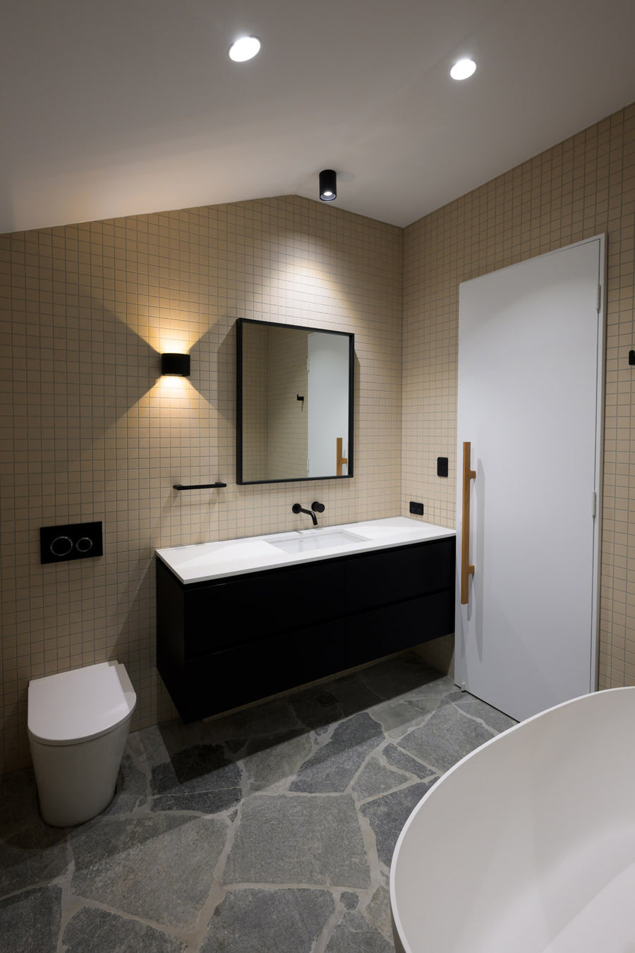 Havit Versa Wall Light, Nella Downlight and Downlights in a Luxury Bathroom