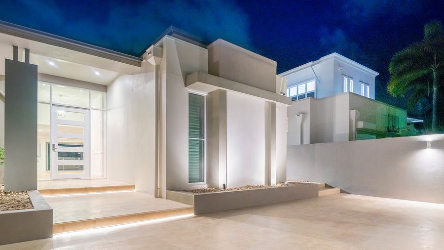LED Strip Step Lighting & Outdoor Wall Light on Modern Home Facade