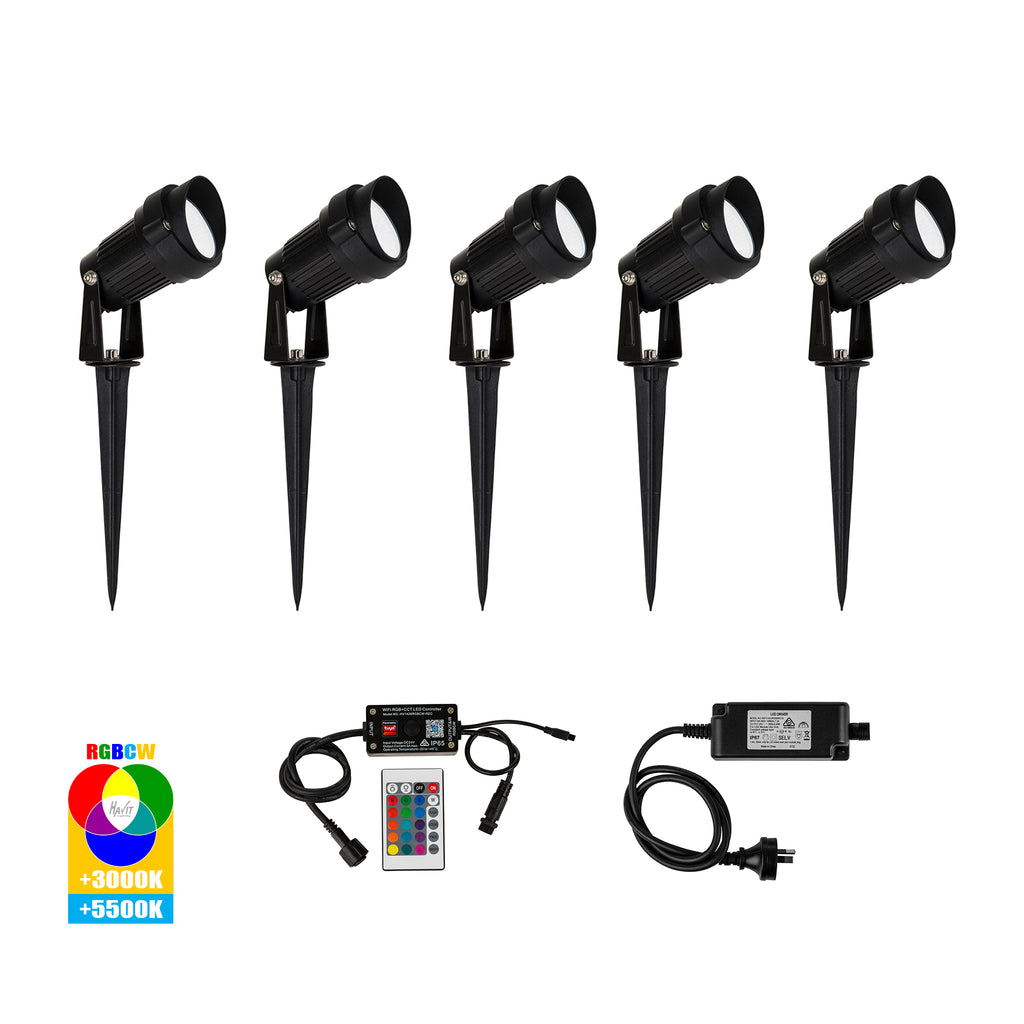 HV1428RGBCW-KIT - Spitze Black 5x 3w WIFI RGBCW LED Garden Spike Light Kit