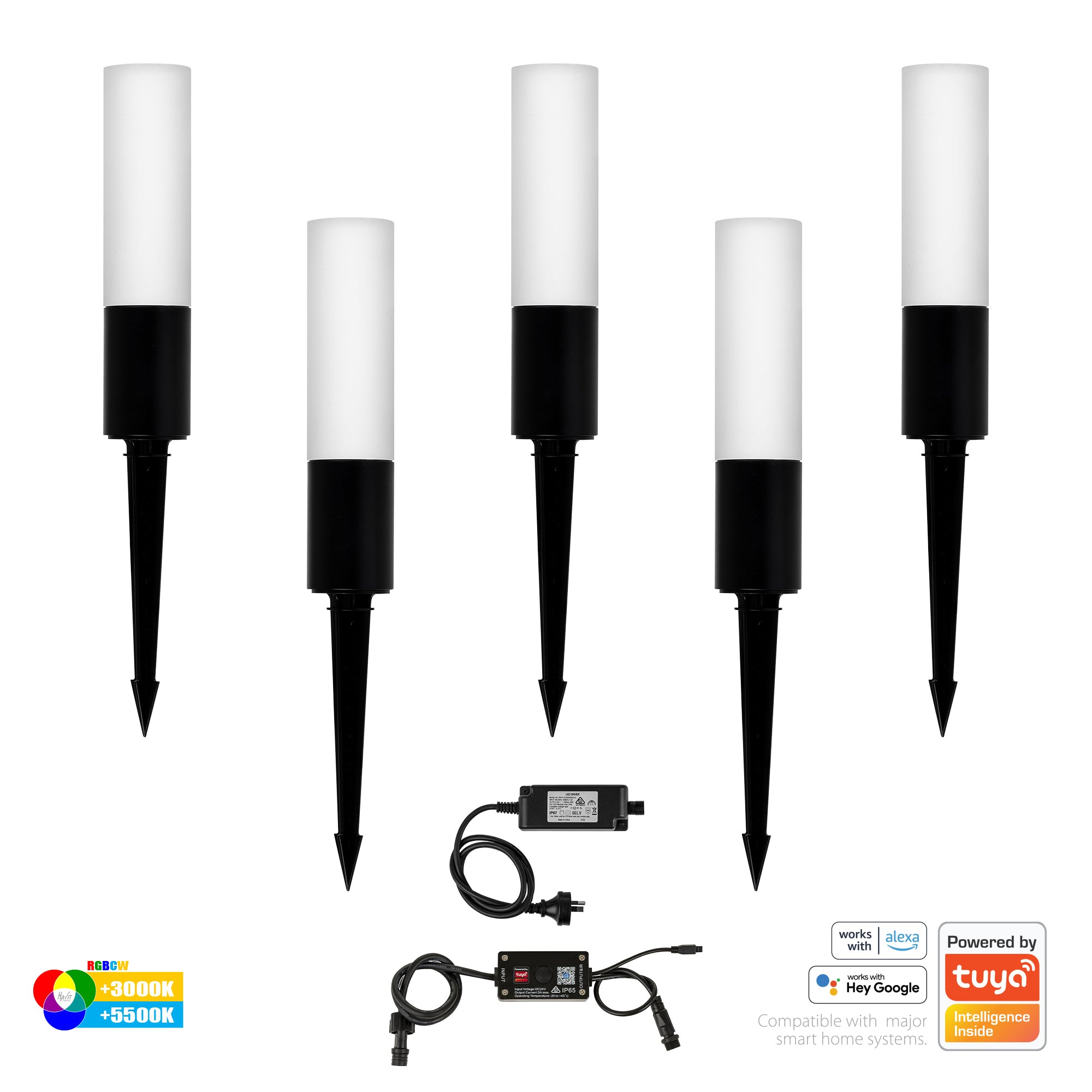 HV1449RGBCW-BLK-KIT - Akril Aluminium Black RGBCW Garden Spike 5 Light Kit