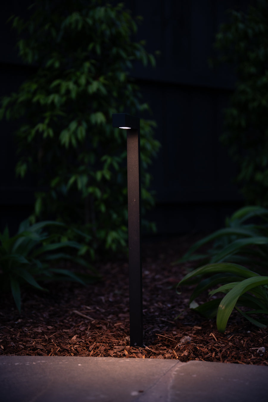 Nedia Black Garden Path Light in Mulched Garden Bed