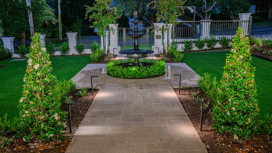 Black Garden Path Lights Leading to Front Fountain