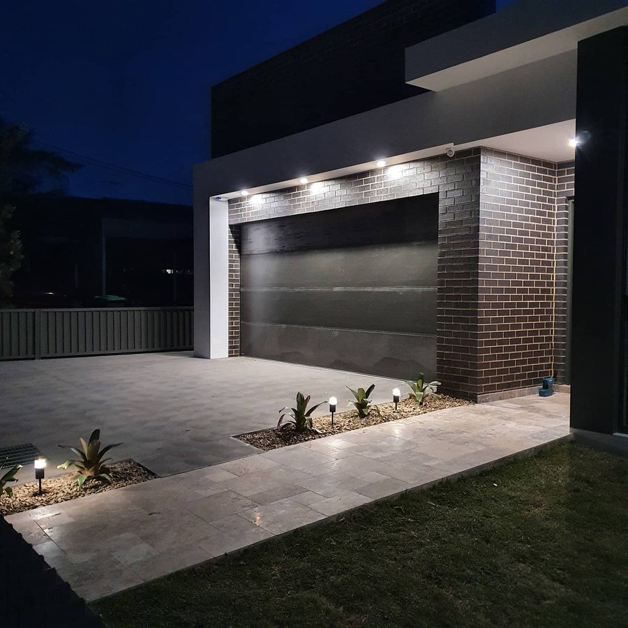 Highlite Black Garden Spike Lights Along Modern Driveway Garden Bed