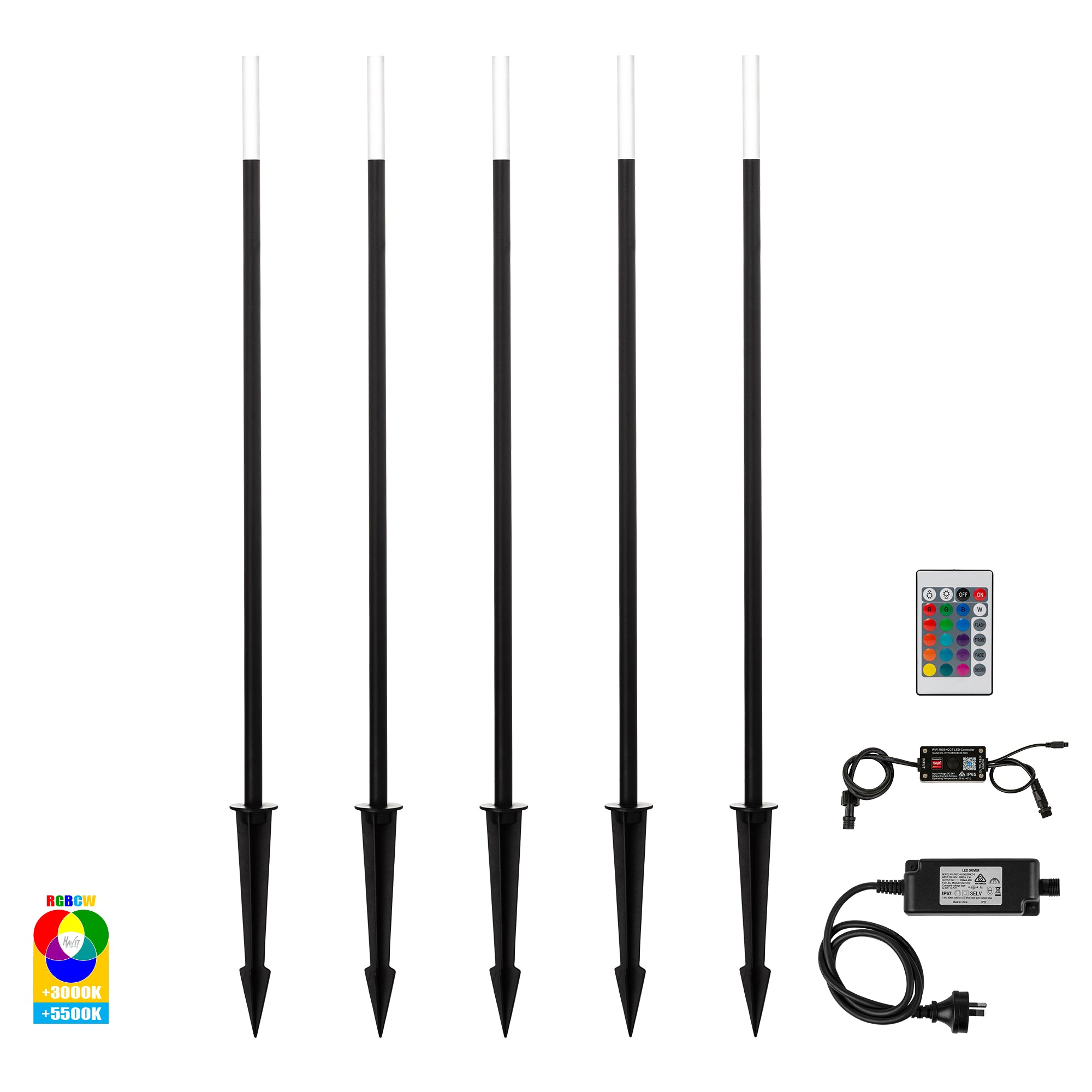 HV1514RGBCW-BLK-KIT - Drique Aluminium Black RGBCW 5 Light LED Bollard Spike Light Kit