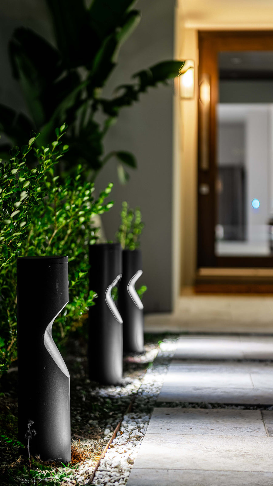 Fedor Black Round Bollard Lights Along Front Entry Path
