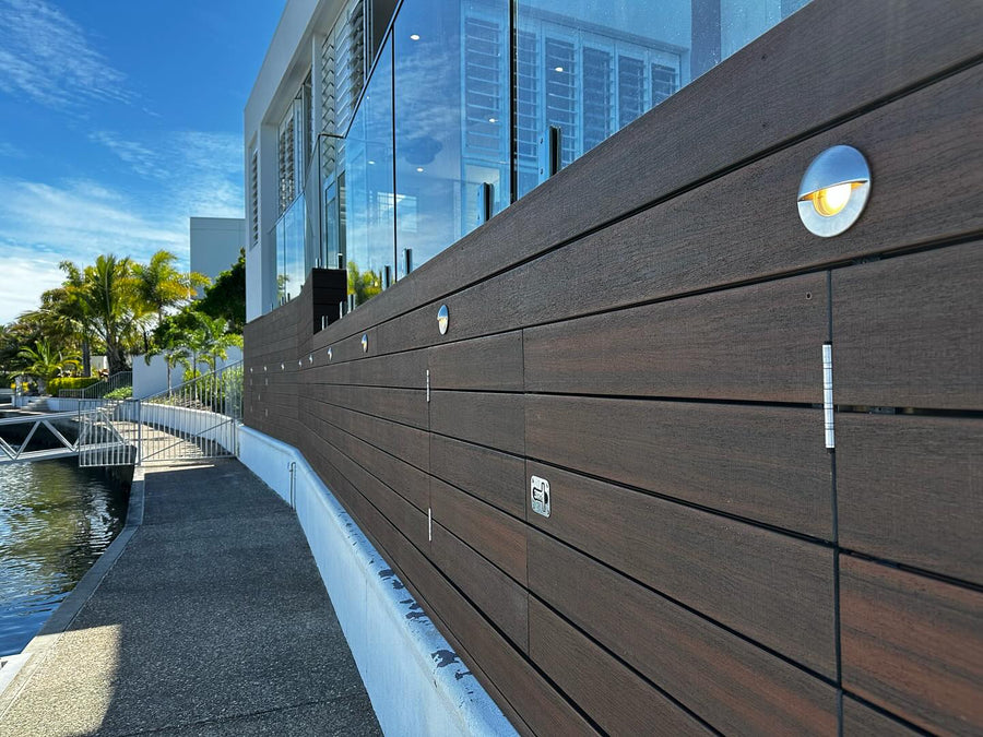 Ollo SS316 Step Lights Along Timber Waterfront Wall