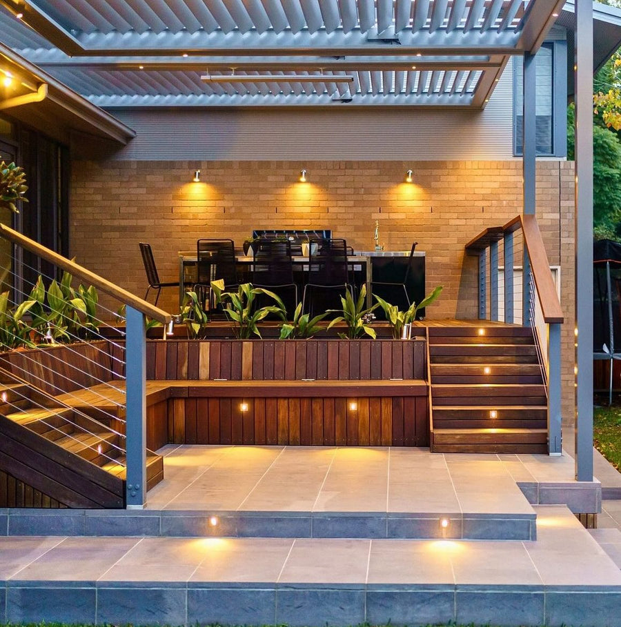 Mini Reces White Square Step Lights Across Outdoor Deck and Patio