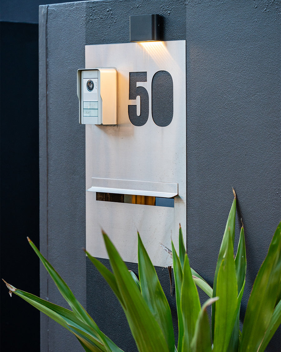 Lisse Black Fixed Down Wall Light Above House Number Sign
