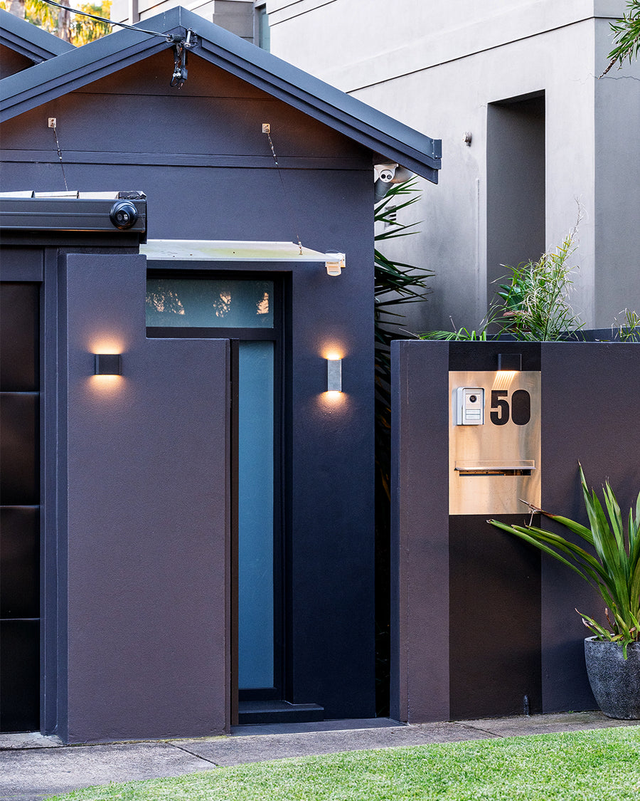 Lisse Black Up and Down Wall Lights Beside Front Gate and Letterbox