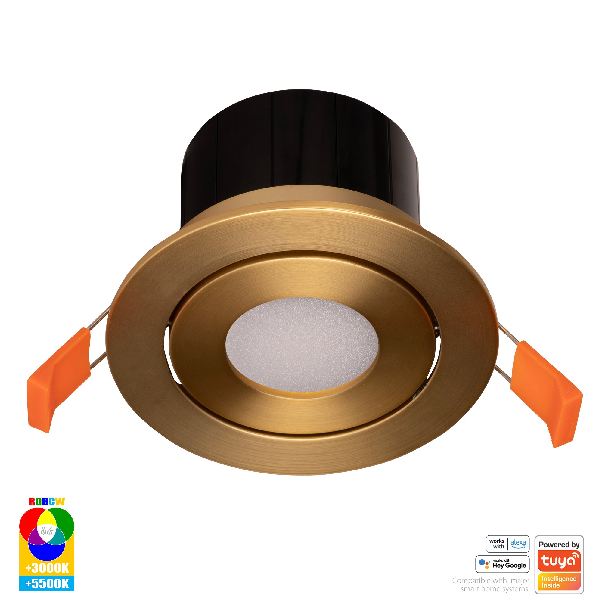 HV5512RGBCW-BR - Prime Brass Coloured Tilt RGBCW WIFI LED Downlight