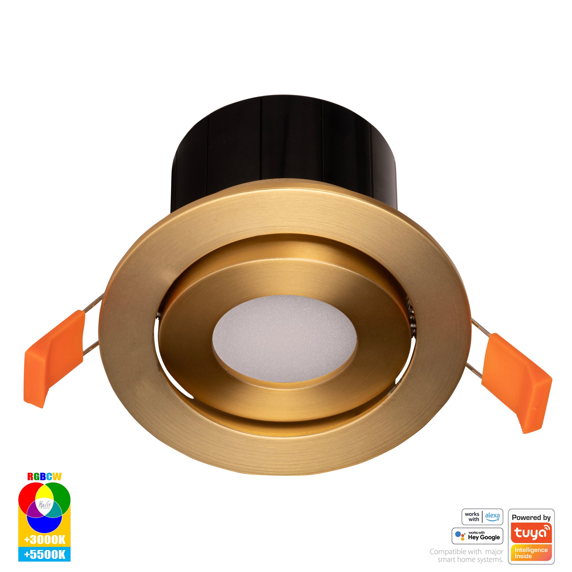 HV5512RGBCW-BR - Prime Brass Coloured Tilt RGBCW WIFI LED Downlight