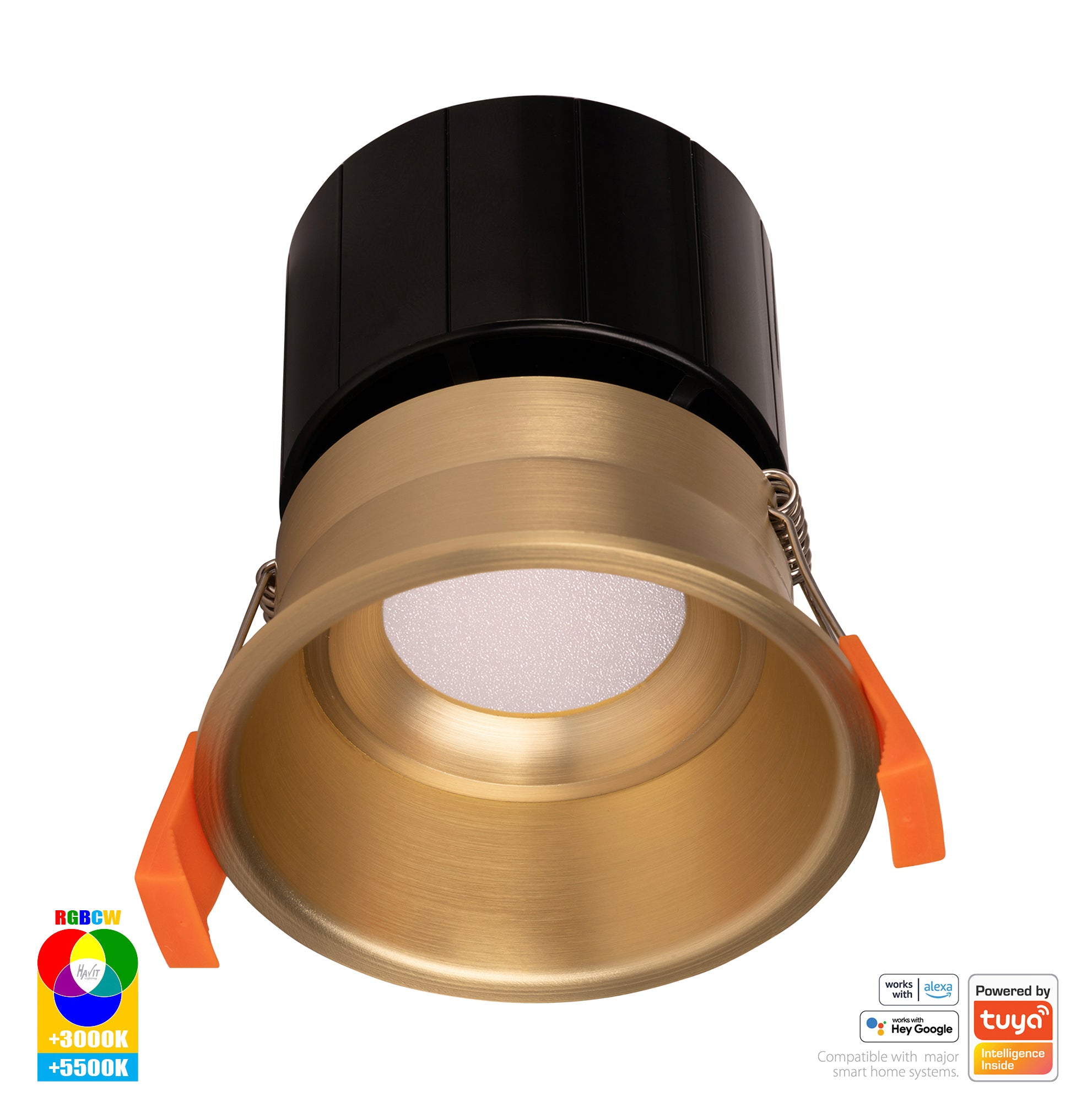 HV5513RGBCW-BR - Prime Brass Coloured Fixed Deep RGBCW WIFI LED Downlight