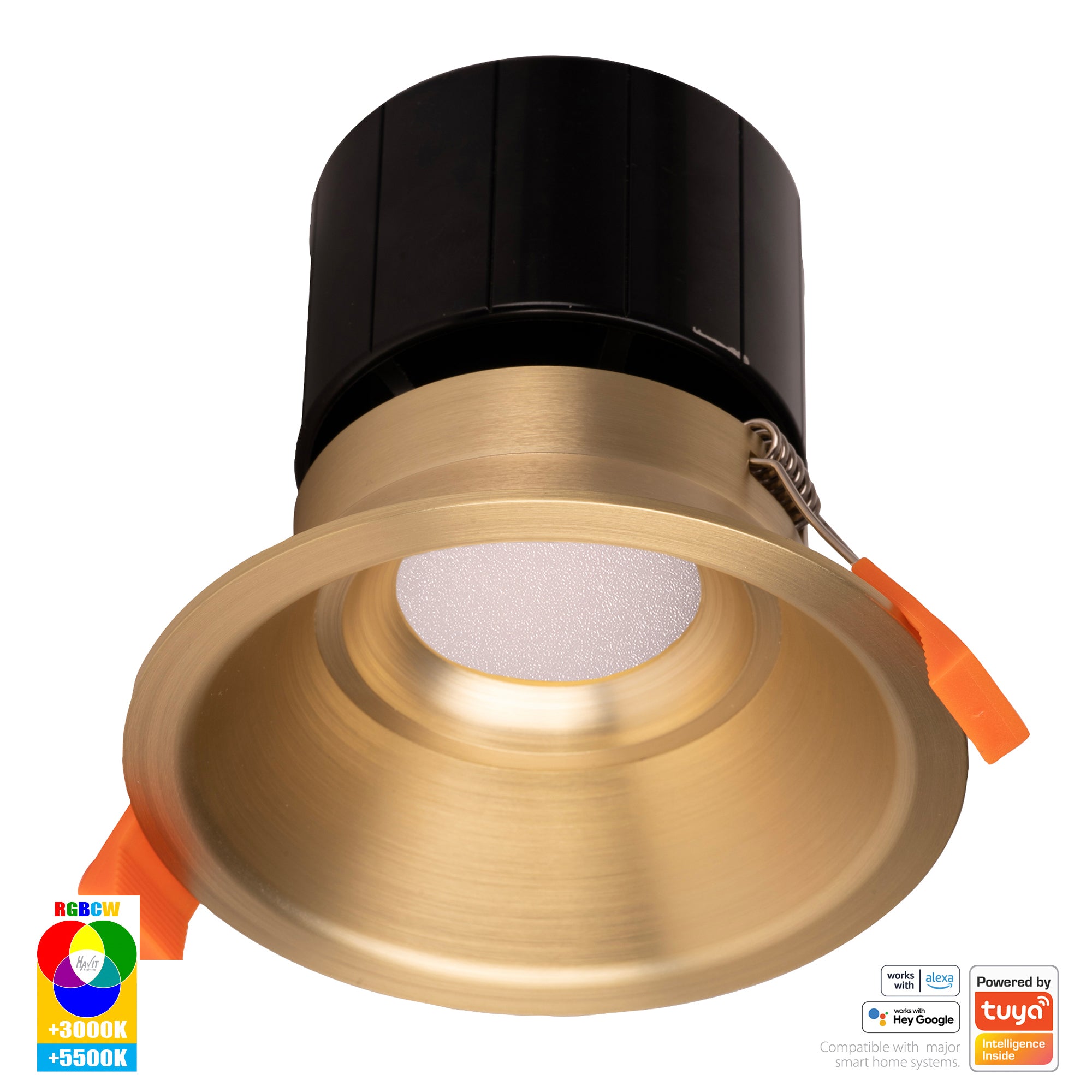 HV5514RGBCW-BR - Prime Brass Coloured Fixed Deep RGBCW WIFI LED Downlight