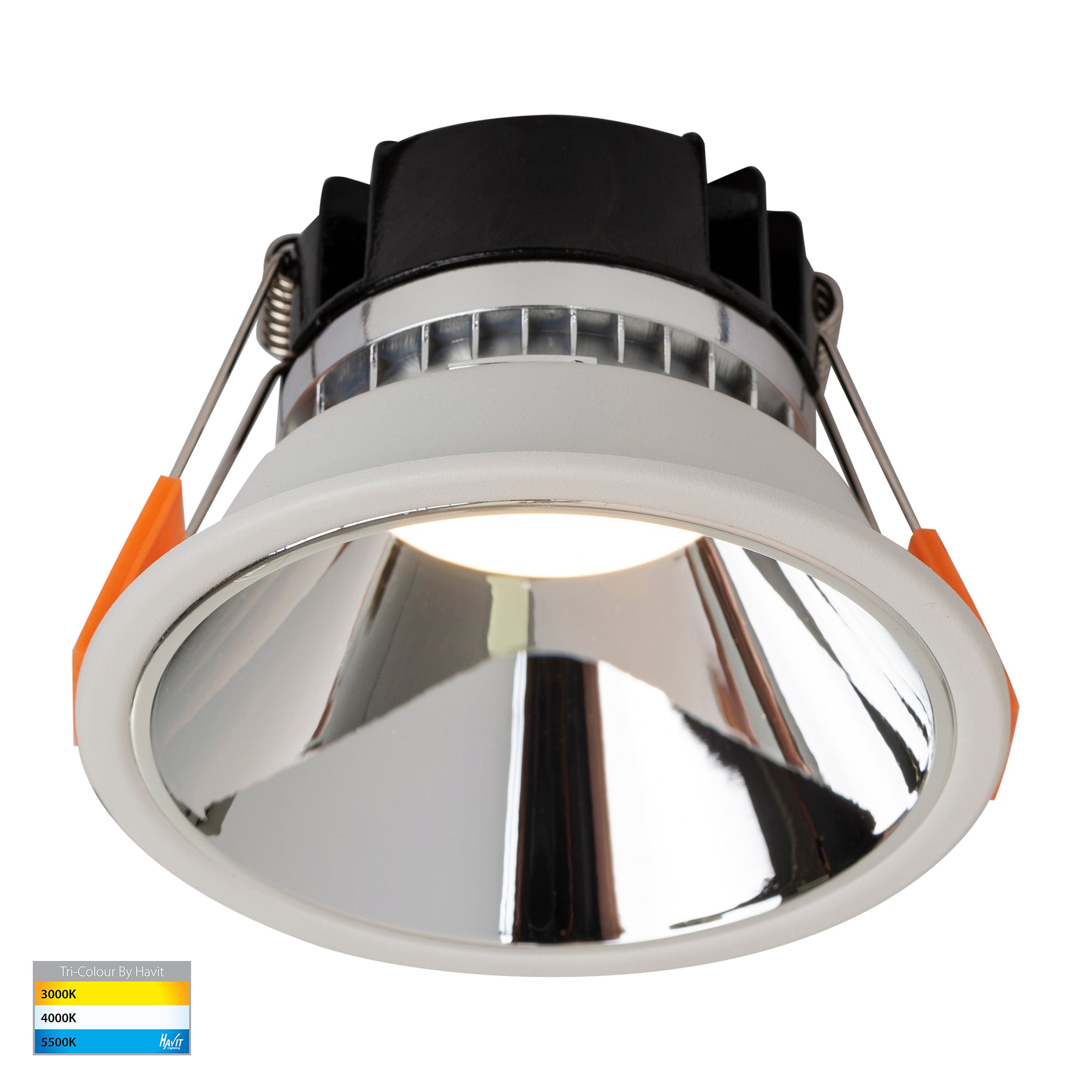 HV5528T-WC - Gleam White with Chrome Insert Tri Colour Fixed Deep LED Downlight