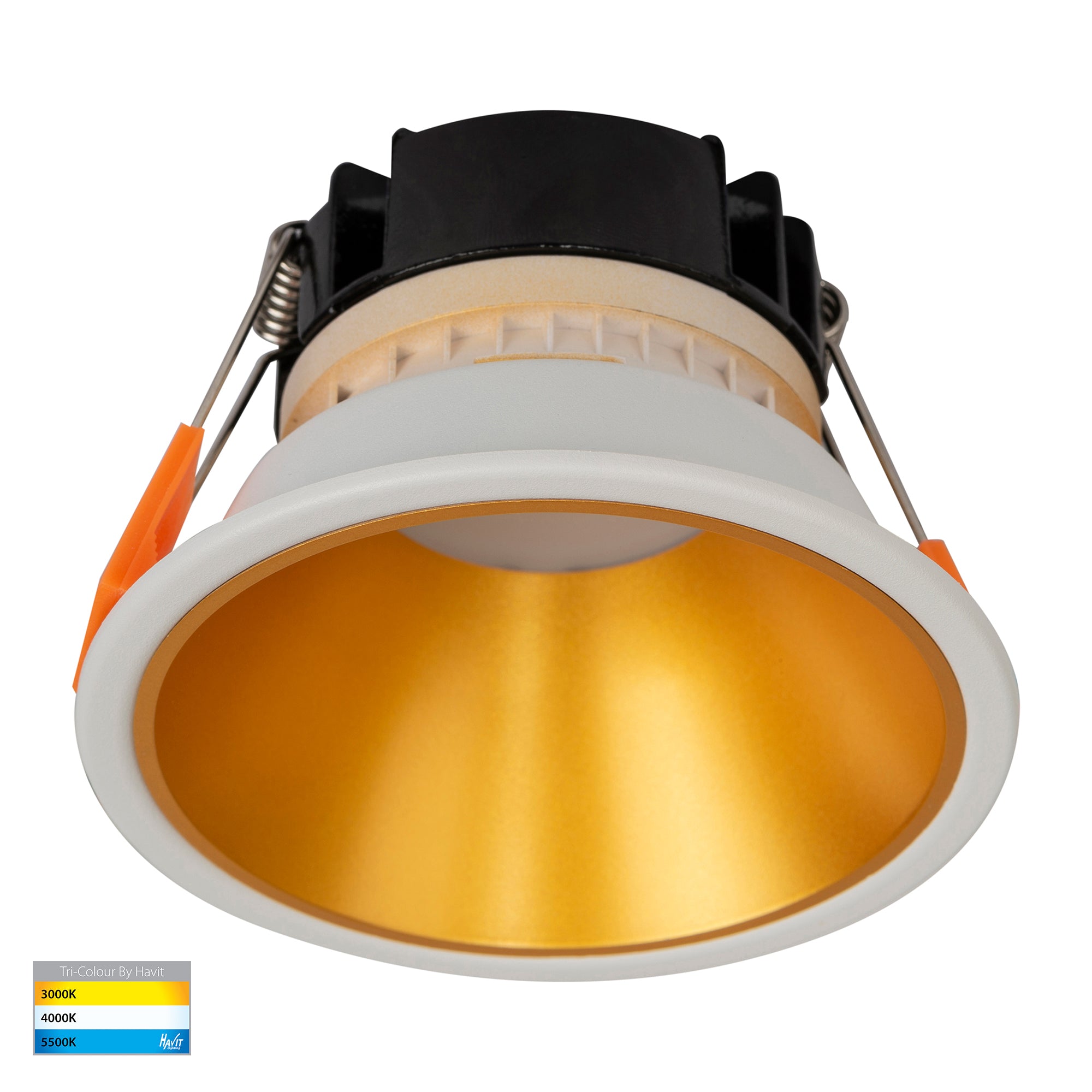 HV5528T-WG - Gleam White with Gold Insert Tri Colour Fixed Deep LED Downlight