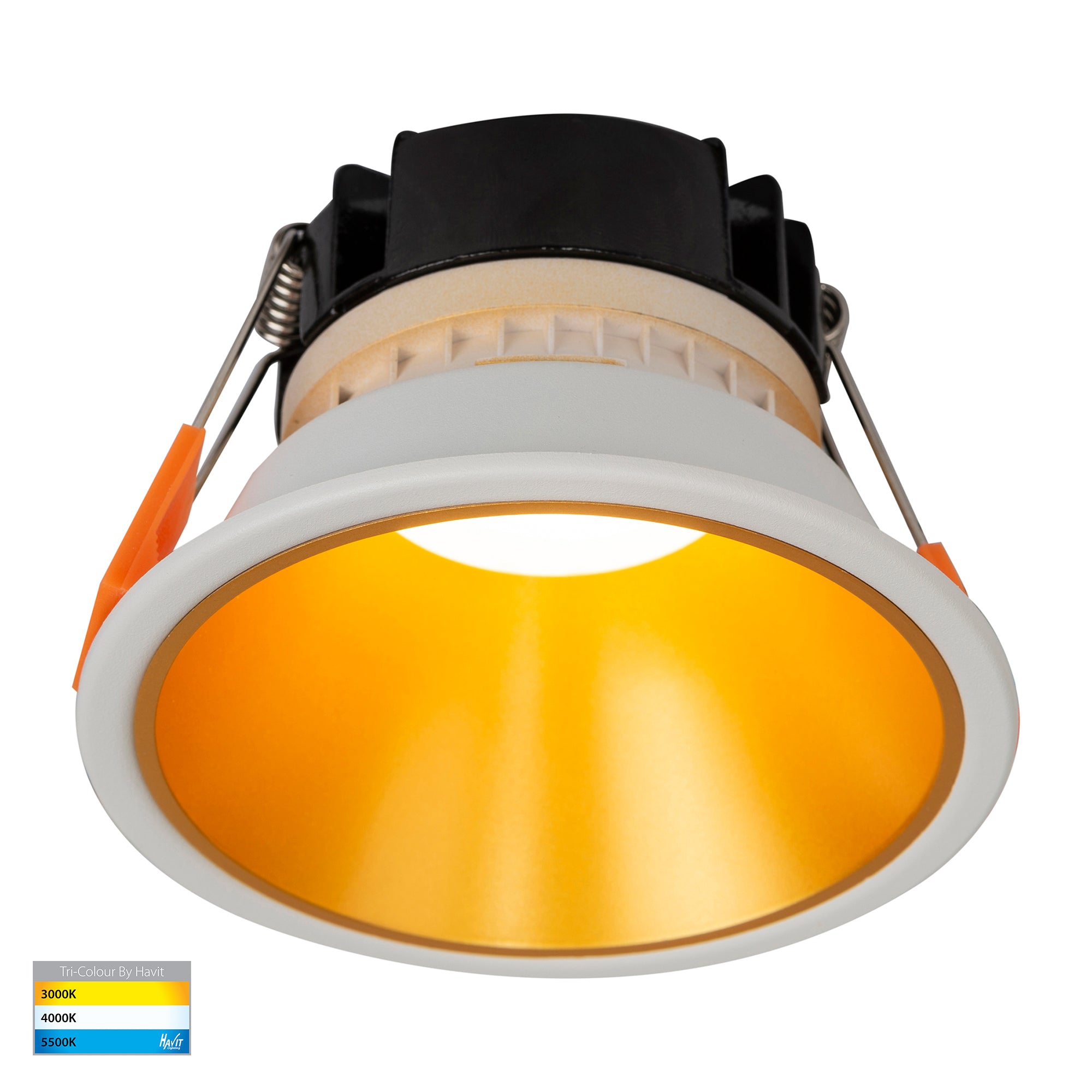 HV5528T-WG - Gleam White with Gold Insert Tri Colour Fixed Deep LED Downlight
