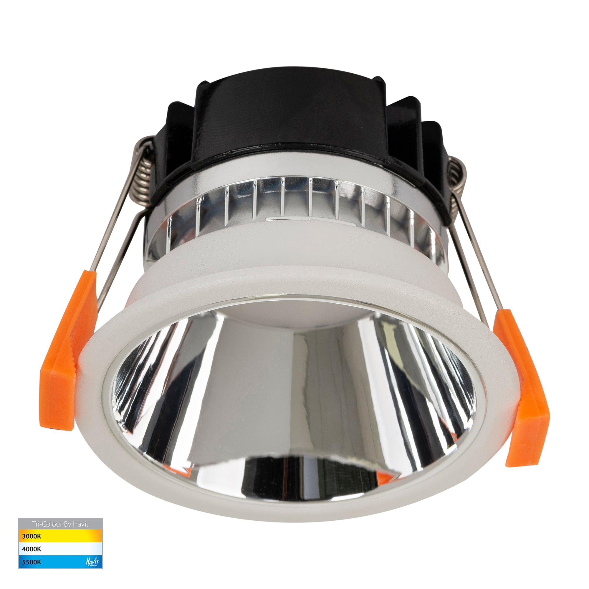 HV5529T-WC - Gleam White with Chrome Insert Tri Colour Fixed Deep LED Downlight