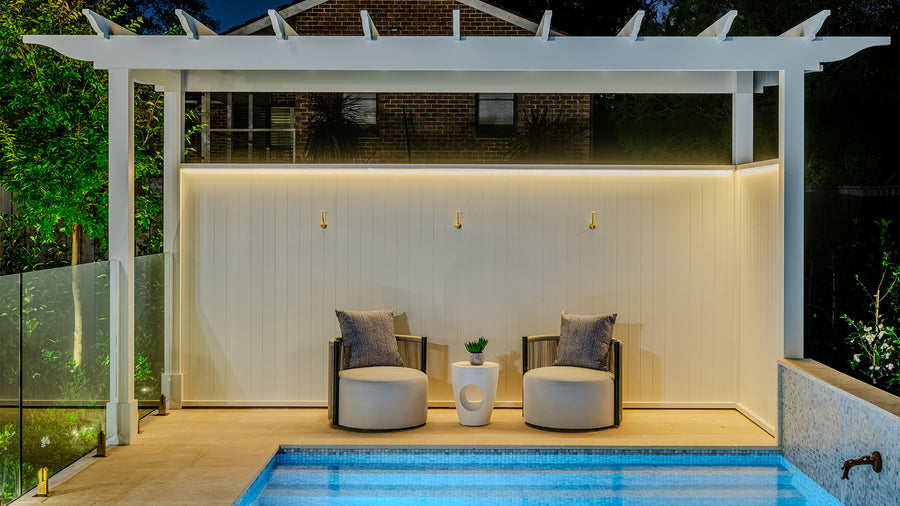LED Strip Lighting Around Poolside Gazebo and Seating Area