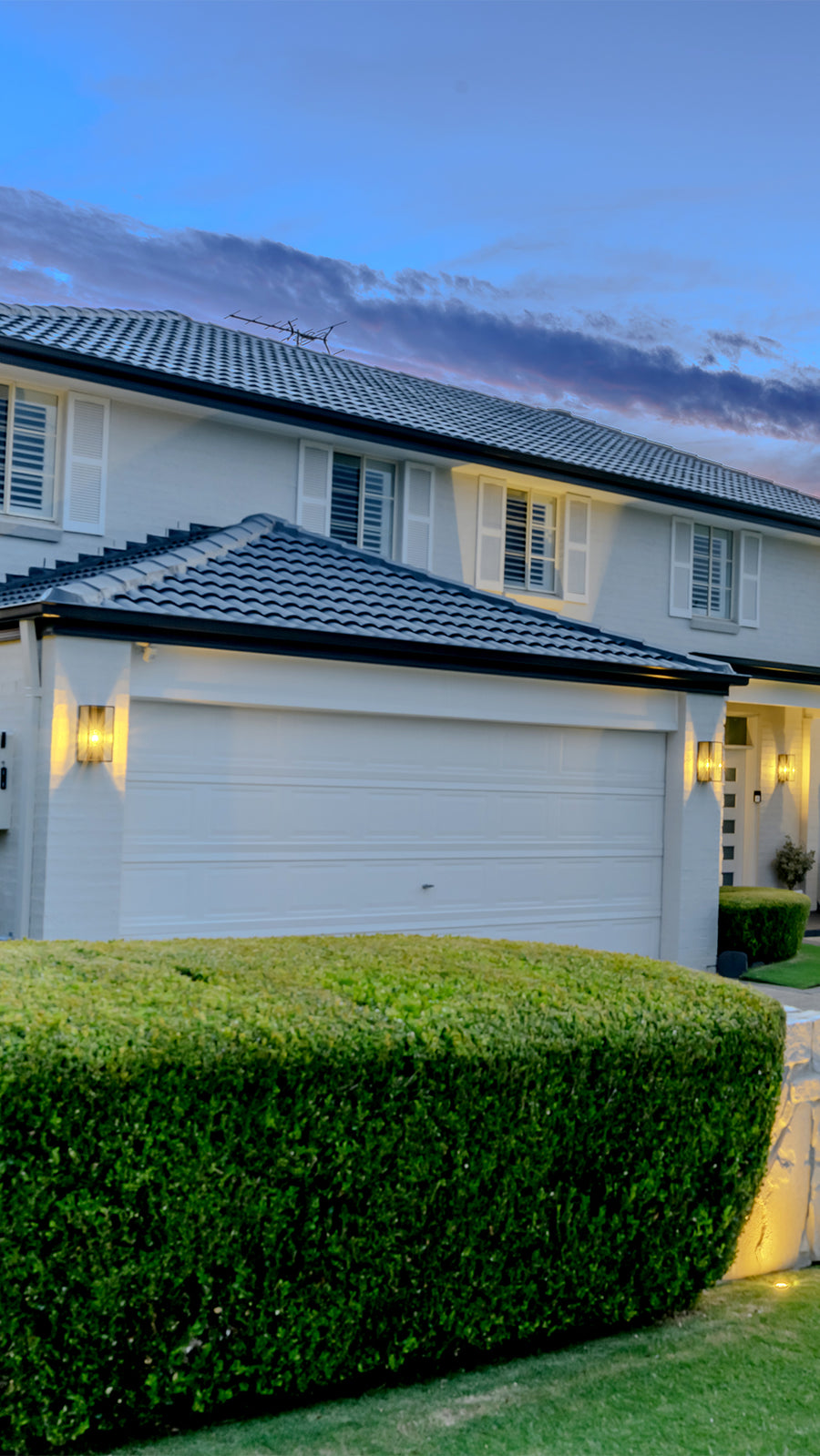 Bayside Black Wall Lights and Inground Elite Uplight on Front Facade and Hedge