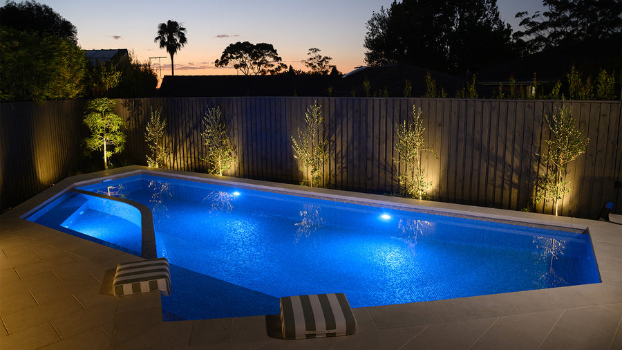 Garden Spike Lights Uplighting Poolside Trees Along Timber Fence