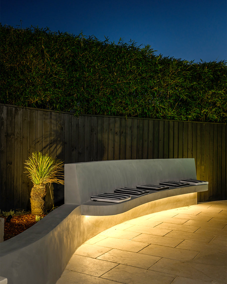 LED Strip Lighting Under Poolside Bench with Garden Spike Uplighting