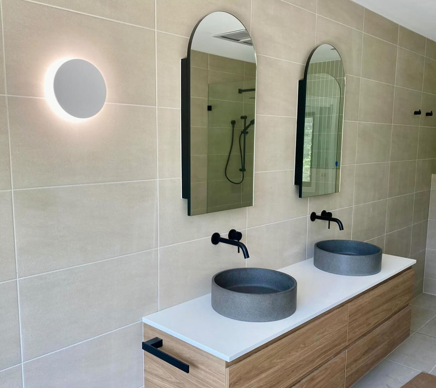 Havit Halo White Round Wall Light in a Modern Bathroom Double Vanity