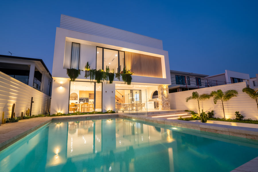 Havit Tivah Wall Lights, Spike Lights and LED Strip on a Modern Coastal Home