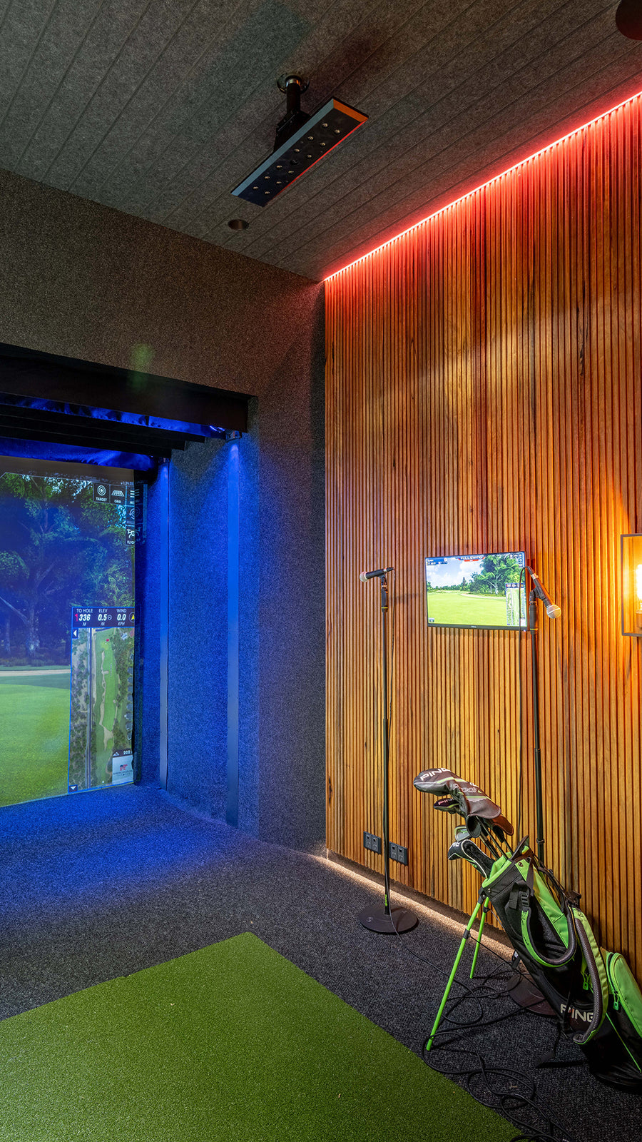 Havit Red LED Strip Lighting a Private Indoor Golf Simulator Room