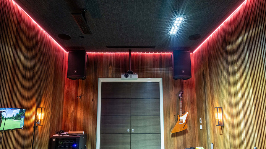 Havit Red RGB LED Strip and Wall Lights in a Private Home Entertainment and Golf Simulator Room