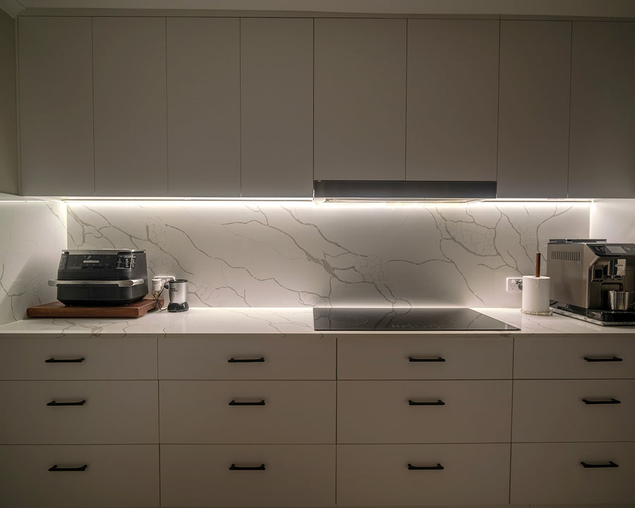 LED Strip Lighting Above Kitchen Bench and Marble Splashback