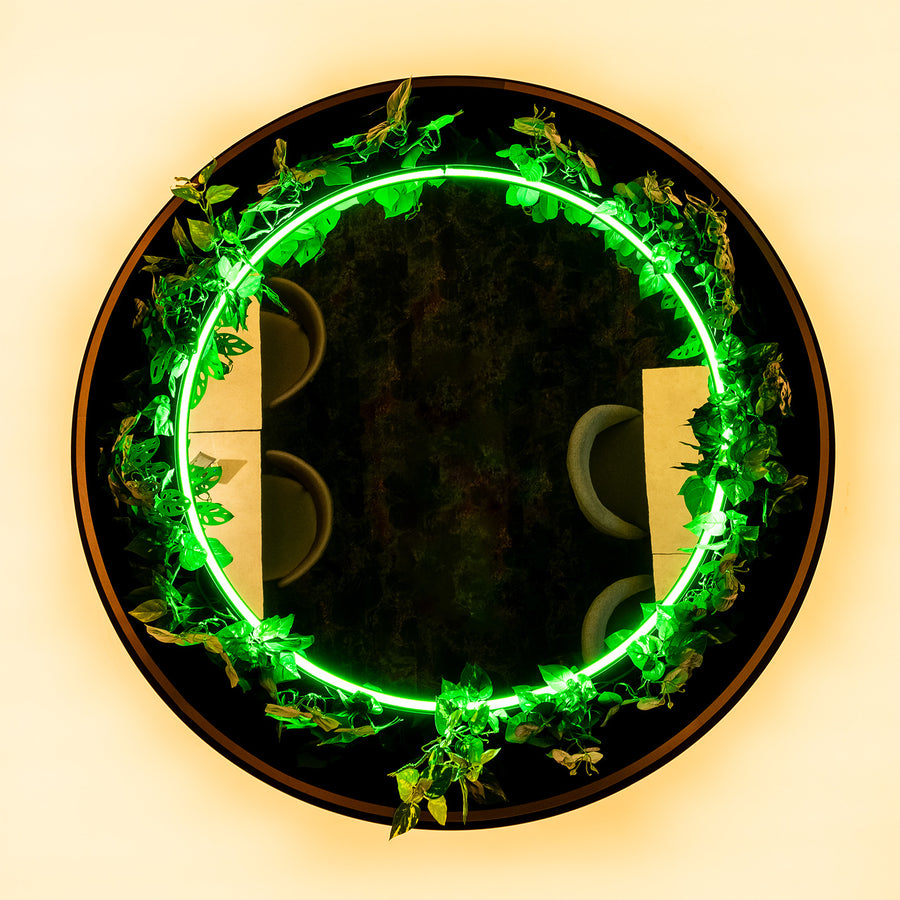 Green LED Strip Lighting Around Feature Mirror