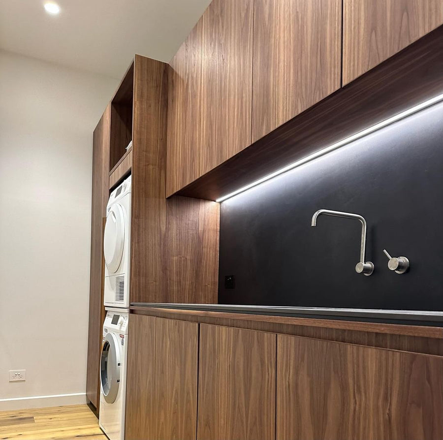 LED Strip Lighting Under Timber Laundry Cabinets