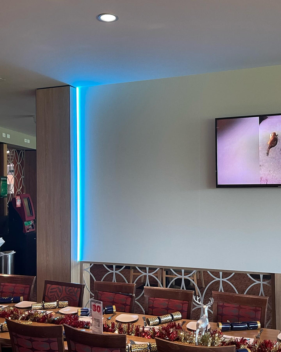 Blue LED Strip Lighting Feature Wall in Restaurant Dining Area