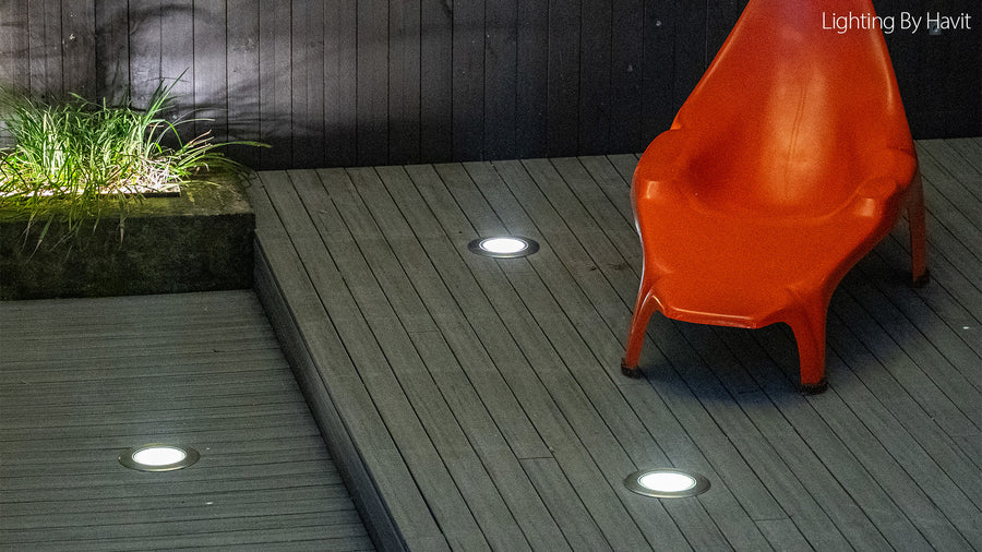 Klip 316 Stainless Steel Inground Lights Across Outdoor Deck Seating Area