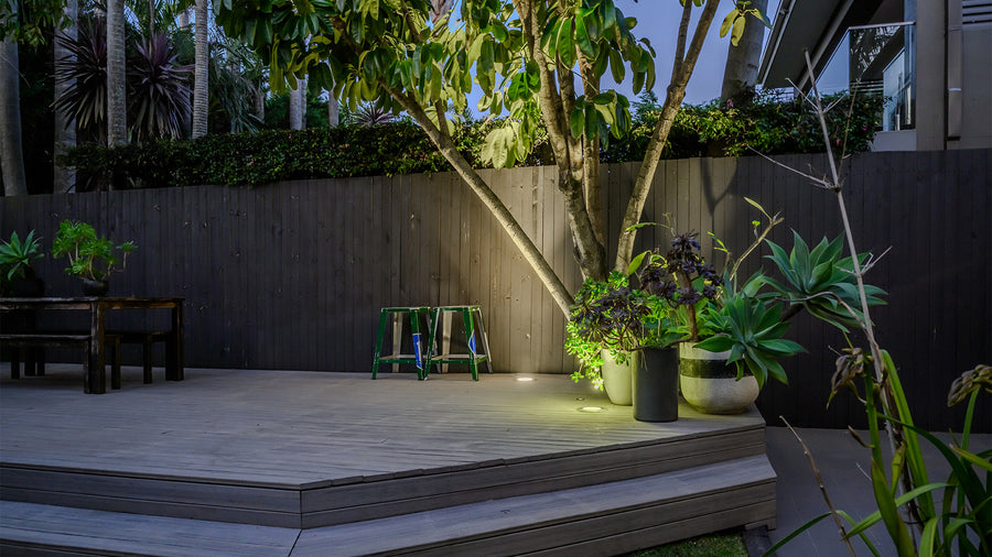 Klip 316 Stainless Steel Inground Lights Around Raised Backyard Deck