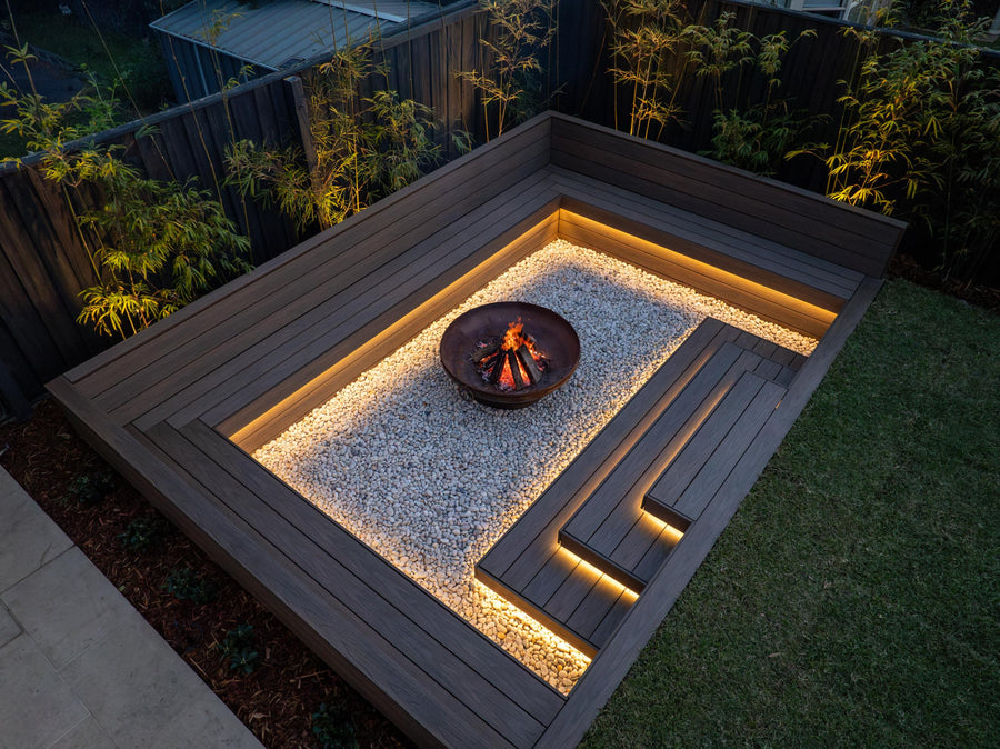 LED Strip Lighting Around Outdoor Fire Pit Seating Area