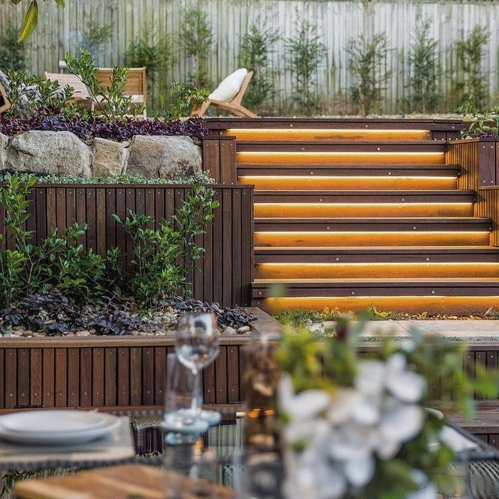 LED Strip Lighting Along Timber Garden Steps