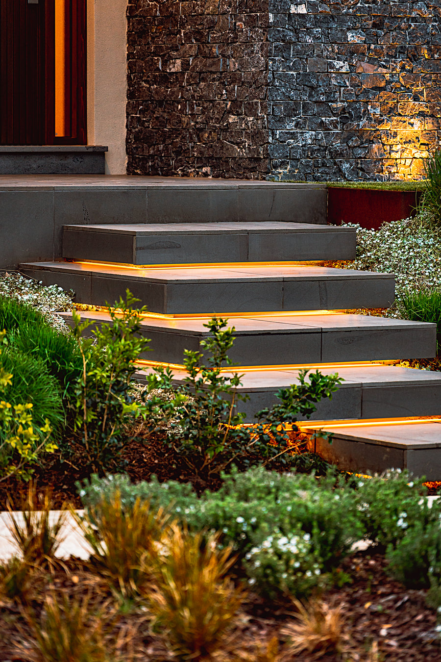 LED Strip Lighting Under Outdoor Garden Steps