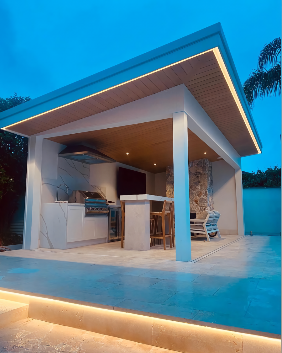 LED Strip Lighting and Downlights Around Outdoor Kitchen