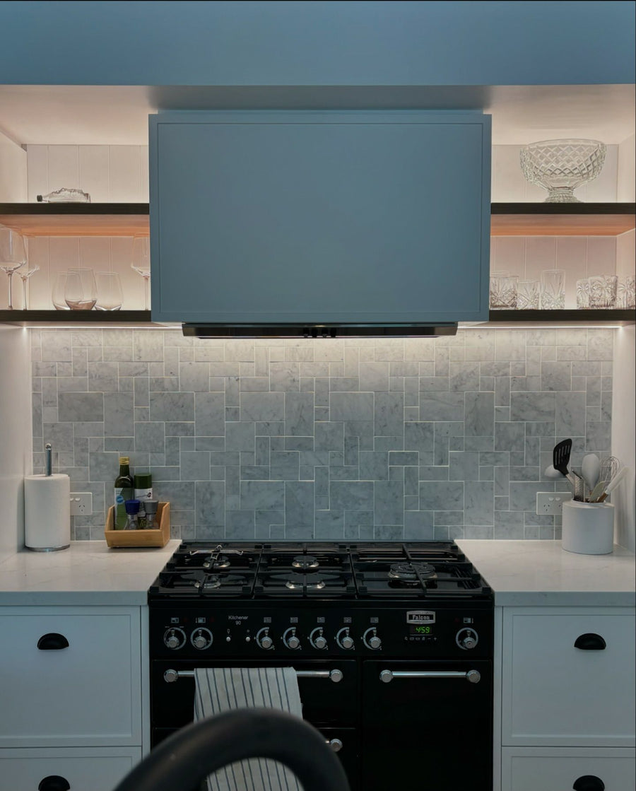 LED Strip Lighting Along Kitchen Shelving and Splashback