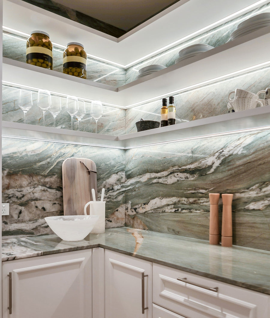 LED Strip Lighting Along Kitchen Shelving